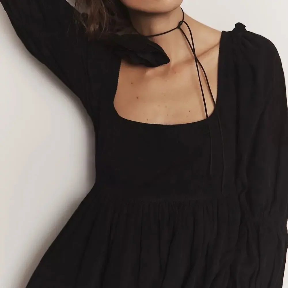 Anthropologie Pilcro Square-Neck Corduroy Babydoll Mini Dress Black Size XS - Picture 4 of 10